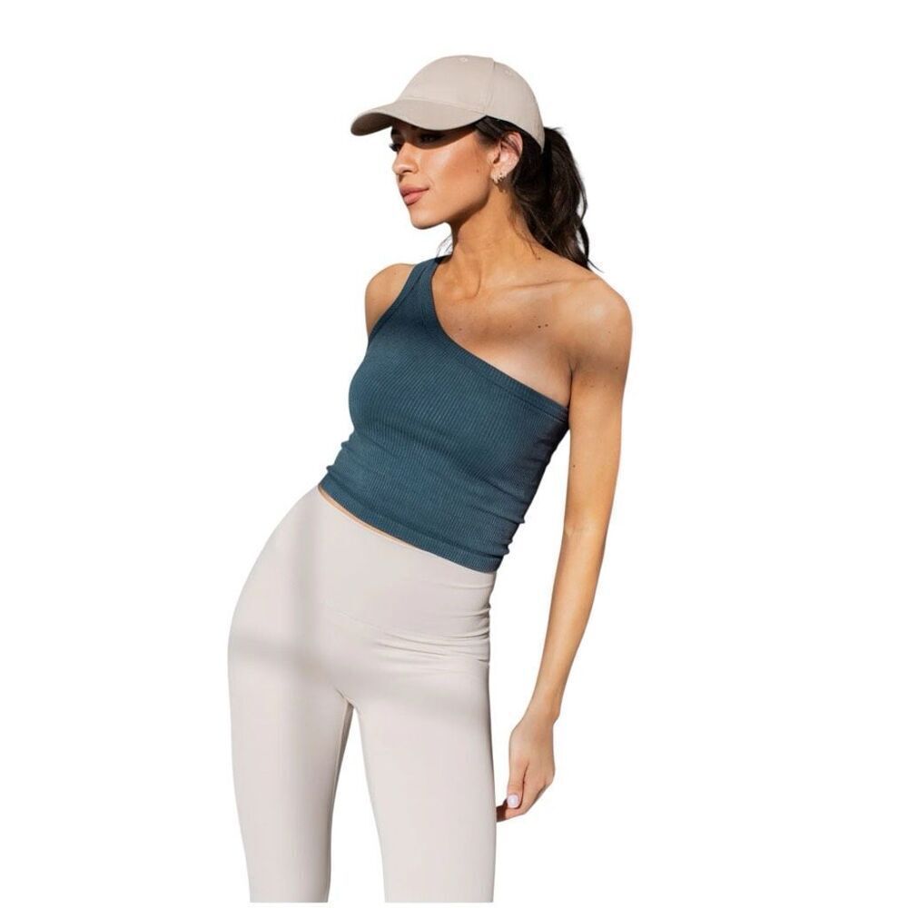 Savvi Blue Ribbed One Shoulder Crop Top XS/S Athleisure Gym Yoga Minimalist